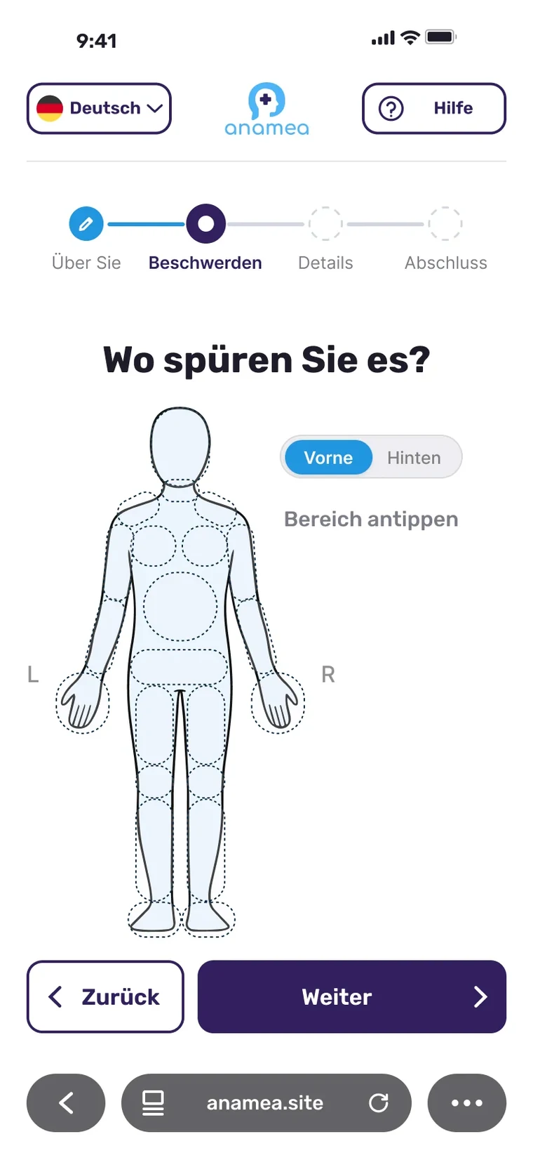 Körperkarte mit Zonen, Vorne und Hinten