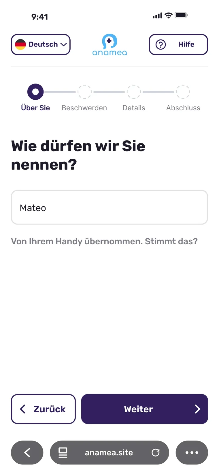 Name-Screen mit den vier Kapitelpunkten oben